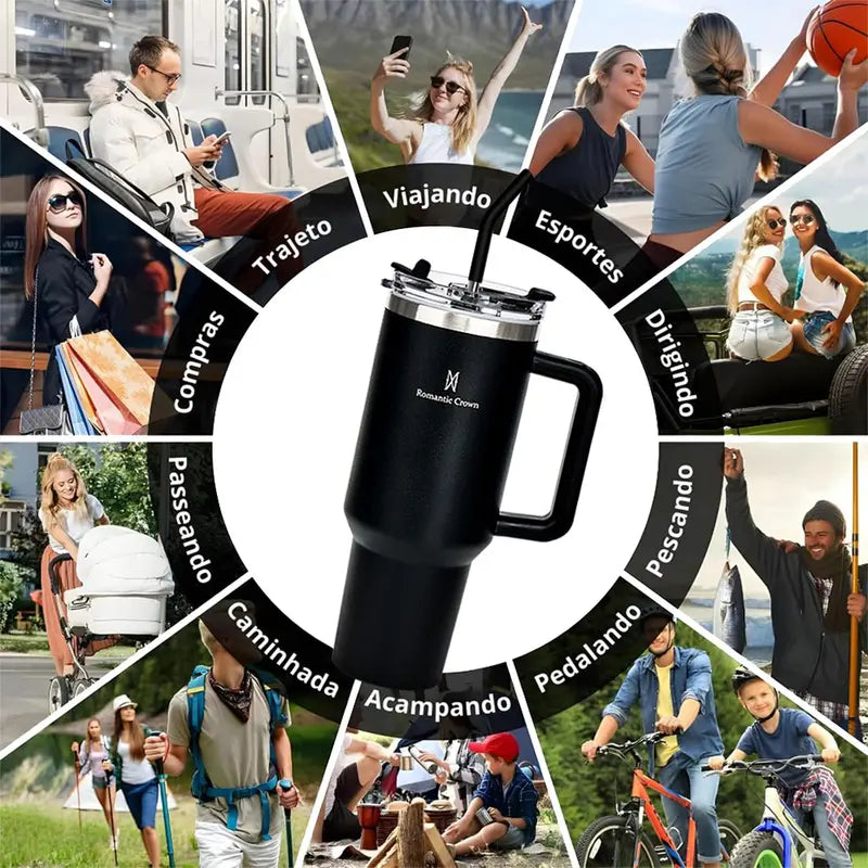 Copo Térmico Inox Portátil 1200ml/1.2L Garrafa Térmica Inoxidável com Tampa e Canudo