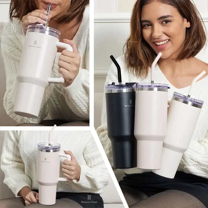 Copo Térmico Inox Portátil 1200ml/1.2L Garrafa Térmica Inoxidável com Tampa e Canudo