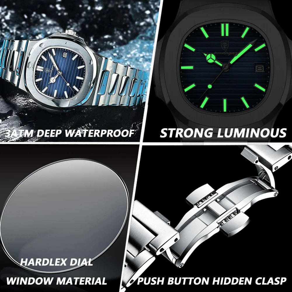 POEDAGAR carré luxe hommes montre-bracelet étanche lumineux Date en acier inoxydable mâle horloge affaires sport montres à Quartz pour hommes