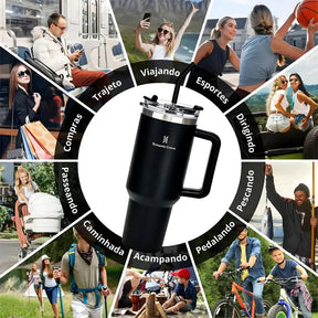 Copo Térmico Inox Portátil 1200ml/1.2L Garrafa Térmica Inoxidável com Tampa e Canudo